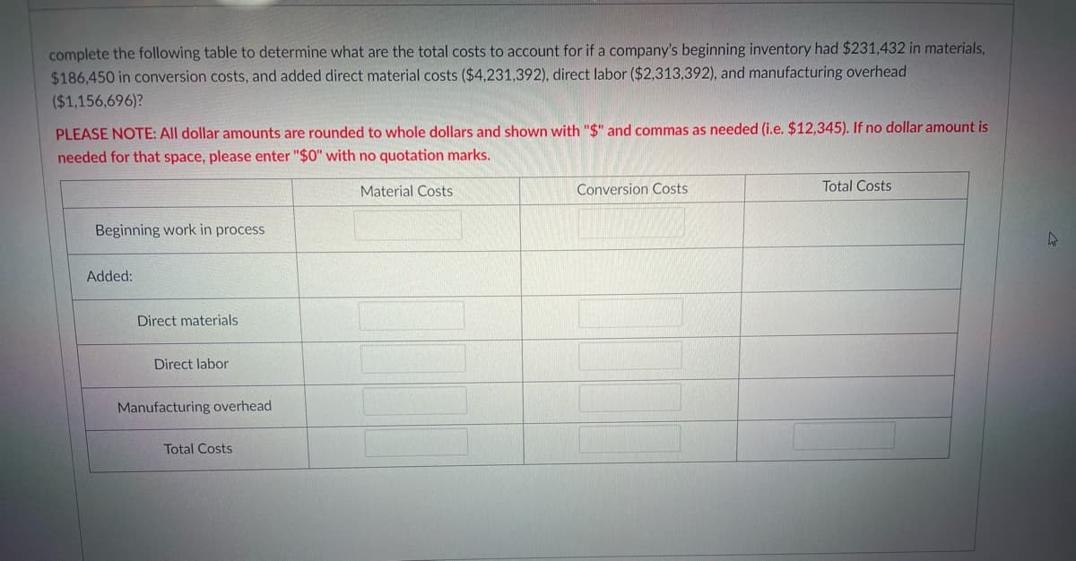 complete the following table to determine what are the total costs to account for if a company's beginning inventory had $231,432 in materials,
$186,450 in conversion costs, and added direct material costs ($4,231,392), direct labor ($2,313,392), and manufacturing overhead
($1,156,696)?
PLEASE NOTE: All dollar amounts are rounded to whole dollars and shown with "$" and commas as needed (i.e. $12,345). If no dollar amount is
needed for that space, please enter "$0" with no quotation marks.
Material Costs
Conversion Costs
Total Costs
Beginning work in process
4
Added:
Direct materials
Direct labor
Manufacturing overhead
Total Costs