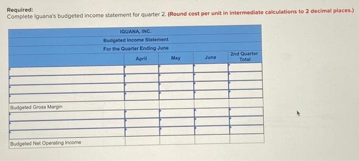 Required:
Complete Iguana's budgeted income statement for quarter 2. (Round cost per unit in intermediate calculations to 2 decimal places.)
Budgeted Gross Margin
Budgeted Net Operating Income
IGUANA, INC.
Budgeted Income Statement
For the Quarter Ending June
April
May
June
2nd Quarter
Total