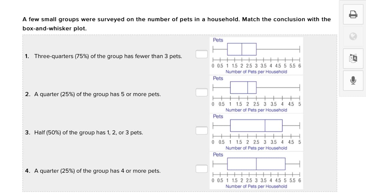 A few small groups were surveyed on the number of pets in a household. Match the conclusion with the
box-and-whisker plot.
Pets
1. Three-quarters (75%) of the group has fewer than 3 pets.
H ++
0 0.5 1 1.5 2 2.5 3 3.5 4 4.5 5 5.5 6
Number of Pets per Household
Pets
2. A quarter (25%) of the group has 5 or more pets.
0 0.5 1 1.5 2 2.5 3 3.5 4 4.5 5
Number of Pets per Household
Pets
3. Half (50%) of the group has 1, 2, or 3 pets.
0 0.5 1 1.5 2 2.5 3 3.5 4 4.5 5
Number of Pets per Household
Pets
4. A quarter (25%) of the group has 4 or more pets.
0 0.5 1 1.5 2 2.5 3 3.5 4 4.5 5 5.5 6
Number of Pets per Household
