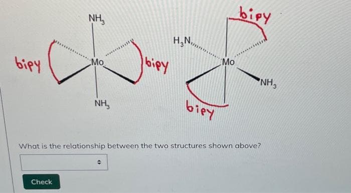 bipy
NH₂
Check
Mo
NH3
bigy
4)
H₂N,
biey
Mo
biry
What is the relationship between the two structures shown above?
NH3