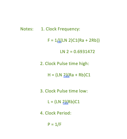Notes:
1. Clock Frequency:
F = 1/(LN 2)C1(Ra + 2Rb))
LN 2 = 0.6931472
2. Clock Pulse time high:
H = (LN 2)(Ra + Rb)C1
3. Clock Pulse time low:
L = (LN 2)(Rb)C1
4. Clock Period:
P = 1/F
