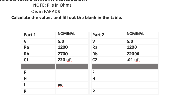 NOTE: R is in Ohms
C is in FARADS
Calculate the values and fill out the blank in the table.
Part 1
V
Ra
Rb
C1
FHLP
NOMINAL
5.0
1200
2700
220 uf
Part 2
V
Ra
Rb
C2
FHLP
NOMINAL
5.0
1200
22000
.01 uf