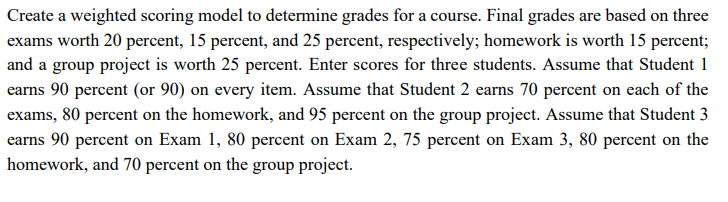 Create a weighted scoring model to determine grades for a course. Final grades are based on three
exams worth 20 percent, 15 percent, and 25 percent, respectively; homework is worth 15 percent;
and a group project is worth 25 percent. Enter scores for three students. Assume that Student 1
earns 90 percent (or 90) on every item. Assume that Student 2 earns 70 percent on each of the
exams, 80 percent on the homework, and 95 percent on the group project. Assume that Student 3
earns 90 percent on Exam 1, 80 percent on Exam 2, 75 percent on Exam 3, 80 percent on the
homework, and 70 percent on the group project.