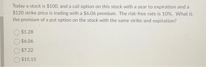 Today a stock is $100, and a call option on this stock with a year to expiration and a
$120 strike price is trading with a $6.06 premium. The risk-free rate is 10%. What is
the premium of a put option on the stock with the same strike and expiration?
$1.28
$6.06
$7.22
$15.15
