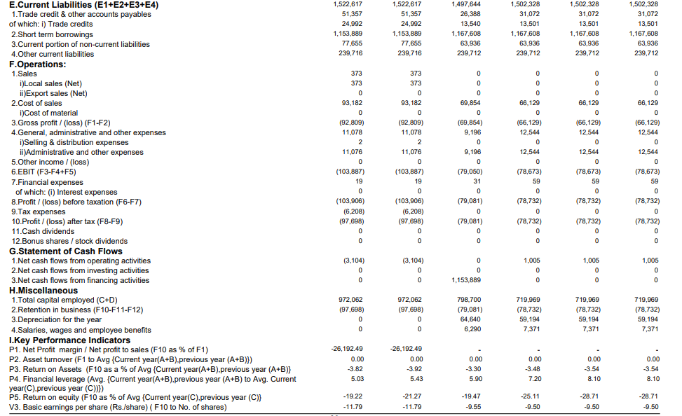 1,502,328
E.Current Liabilities (E1+E2+E3+E4)
1.Trade credit & other accounts payables
of which: i) Trade credits
2.Short term borrowings
1,522,617
1,522,617
1,497,644
1,502,328
1,502,328
51,357
51,357
26,388
31,072
31,072
31,072
24,992
24,992
13,540
13,501
13,501
13,501
1,153,889
1,153,889
1,167,608
1,167,608
1,167,608
1,167,608
77,655
77,655
63,936
63,936
63,936
63,936
3.Current portion of non-current liabilities
4.Other current liabilities
239,716
239,716
239,712
239,712
239,712
239,712
F.Operations:
1.Sales
373
373
i)Local sales (Net)
ii)Export sales (Net)
373
373
2.Cost of sales
93,182
93,182
69,854
66,129
66,129
66, 129
i)Cost of material
3.Gross profit / (loss) (F1-F2)
4.General, administrative and other expenses
i)Selling & distribution expenses
ii)Administrative and other expenses
5.Other income / (loss)
(92,809)
11,078
(92,809)
(69,854)
(66,129)
(66, 129)
(66,129)
11,078
9,196
12,544
12,544
12,544
2
11.076
11,076
9,196
12,544
12,544
12,544
(103,887]
(79,050)
(78,673)
(78,673)
(78,673)
6.EBIT (F3-F4+F5)
7.Financial expenses
of which: (i) Interest expenses
8.Profit / (loss) before taxation (F6-F7)
9.Тах еxpenses
10.Profit / (loss) after tax (F8-F9)
11.Cash dividends
12.Bonus shares / stock dividends
(103,887)
19
19
31
59
59
59
(103,906)
(103,906)
(79,081)
(78,732)
(78,732)
(78,732)
(6,208)
(6,208)
(97,698)
(97,698)
(79,081)
(78,732)
(78,732)
(78,732)
G.Statement of Cash Flows
(3,104)
1.Net cash flows from operating activities
2.Net cash flows from investing activities
3.Net cash flows from financing activities
H.Miscellaneous
1.Total capital employed (C+D)
2.Retention in business (F10-F11-F12)
3.Depreciation for the year
4.Salaries, wages and employee benefits
I.Key Performance Indicators
P1. Net Profit margin / Net profit to sales (F10 as % of F1)
P2. Asset turnover (F1 to Avg (Current year(A+B).previous year (A+B)})
P3. Return on Assets (F10 as a % of Avg {Current year(A+B).previous year (A+B)}
P4. Financial leverage (Avg. (Current year(A+B),previous year (A+B) to Avg. Current
year(C).previous year (C)})
P5. Return on equity (F10 as % of Avg (Current year(C),previous year (C)}
V3. Basic earnings per share (Rs./share) (F10 to No. of shares)
(3,104)
1,005
1,005
1,005
1,153,889
972,062
972,062
798,700
719,969
719,969
719,969
(97,698)
(97,698)
(79,081)
(78,732)
59,194
(78,732)
59,194
(78,732)
64,640
59,194
6,290
7,371
7,371
7,371
-26,192.49
-26,192.49
0.00
0.00
0.00
0.00
0.00
0.00
-3.82
-3.92
-3.30
-3.48
-3.54
-3.54
5.03
5.43
5.90
7.20
8.10
8.10
-19.22
-21.27
-19.47
-25.11
-28.71
-28.71
-11.79
-11.79
-9.55
-9.50
-9.50
-9.50
