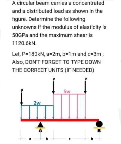 A circular beam carries a concentrated
and a distributed load as shown in the
figure. Determine the following
unknowns if the modulus of elasticity is
50GPA and the maximum shear is
1120.6kN.
Let, P=180KN, a=2m, b-1m and c=3m;
Also, DON'T FORGET TO TYPE DOWN
THE CORRECT UNITS (IF NEEDED)
5w
2w
A
B
