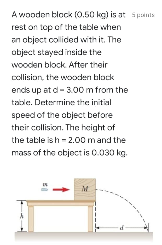 A wooden block (0.50 kg) is at 5 points
rest on top of the table when
an object collided with it. The
object stayed inside the
wooden block. After their
collision, the wooden block
ends up at d = 3.00 m from the
table. Determine the initial
speed of the object before
their collision. The height of
the table is h = 2.00 m and the
mass of the object is 0.030 kg.
m
M
h
d.
