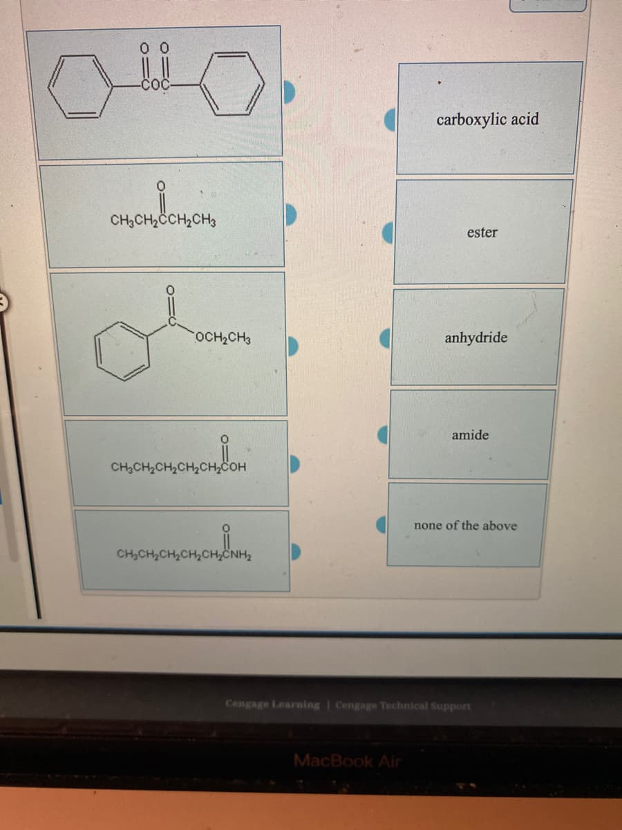 0 0
carboxylic acid
CH3CH,CCH2CH3
ester
OCH2CH3
anhydride
amide
CH3CH2CH2CH2CH,COH
none of the above
CH,CH2CH2CH2CH2CNH2
Cengage Learning | Cengage Technical Support
MacBook Air

