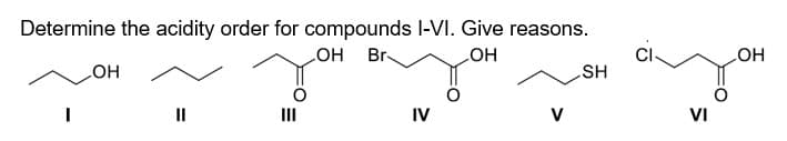 Determine the acidity order for compounds I-VI. Give reasons.
OH
III
OH Br
IV
OH
SH
V
VI
OH