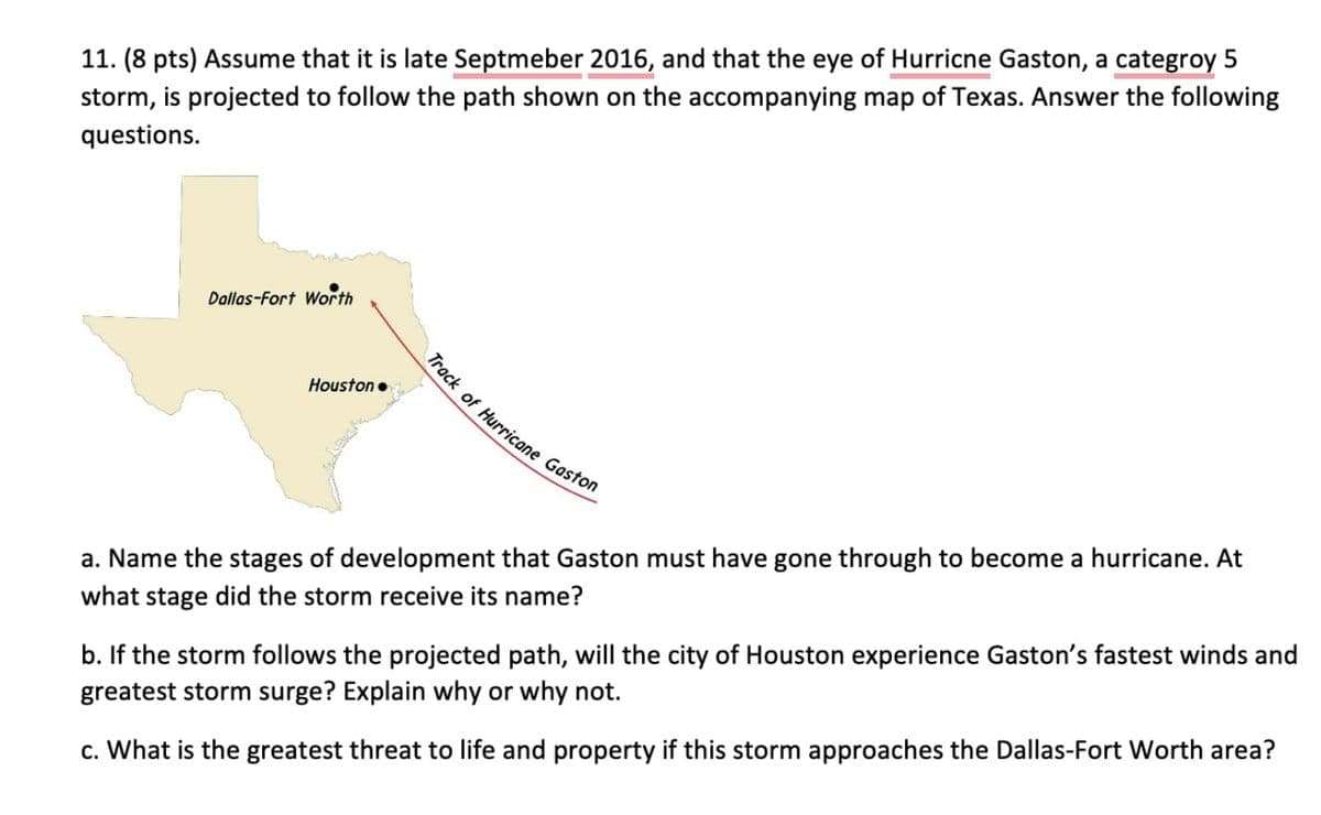 11. (8 pts) Assume that it is late Septmeber 2016, and that the eye of Hurricne Gaston, a categroy 5
storm, is projected to follow the path shown on the accompanying map of Texas. Answer the following
questions.
Dallas-Fort Worth
Houston •
Track of Hurricane Gaston
a. Name the stages of development that Gaston must have gone through to become a hurricane. At
what stage did the storm receive its name?
b. If the storm follows the projected path, will the city of Houston experience Gaston's fastest winds and
greatest storm surge? Explain why or why not.
c. What is the greatest threat to life and property if this storm approaches the Dallas-Fort Worth area?
