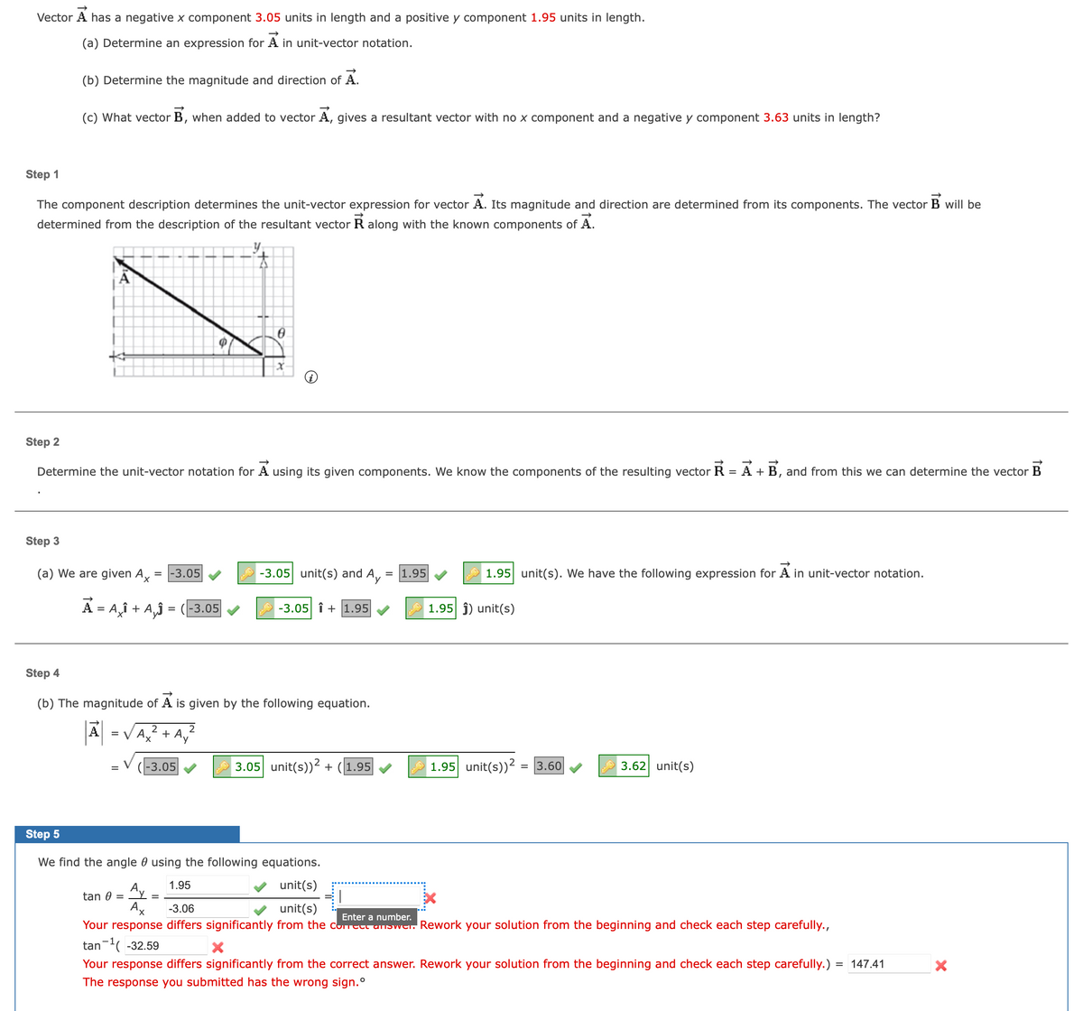 Vector A has a negative x component 3.05 units in length and a positive y component 1.95 units in length.
(a) Determine an expression for A in unit-vector notation.
(b) Determine the magnitude and direction of A.
(c) What vector B, when added to vector A, gives a resultant vector with no x component and a negative y component 3.63 units in length?
Step 1
The component description determines the unit-vector expression for vector A. Its magnitude and direction are determined from its components. The vector B will be
determined from the description of the resultant vector R along with the known components of A.
Step 3
(a) We are given Ax
A = A
Step 2
Determine the unit-vector notation for A using its given components. We know the components of the resulting vector R
=
A + B, and from this we can determine the vector B
A
Axî + A,ĵ = (-3.05
= -3.05
=
=
€
-3.05
0
Step 4
(b) The magnitude of A is given by the following equation.
2
A₂²2² + Ay²
X
X
1.95
-3.05 unit(s) and Ay = 1.95
-3.05 +1.95
3.05 unit(s))² + 1.95
Co
1.95 unit(s). We have the following expression for A in unit-vector notation.
1.95 ĵ) unit(s)
1.95 unit(s))² = 3.60
3.62 unit(s)
Step 5
We find the angle using the following equations.
tan 0 Y =
Av
Ax
unit(s)
unit(s)
-3.06
Enter a number.
Your response differs significantly from the correct answer. Rework your solution from the beginning and check each step carefully.,
tan ¹(-32.59
Your response differs significantly from the correct answer. Rework your solution from the beginning and check each step carefully.) = = 147.41
The response you submitted has the wrong sign.º
X