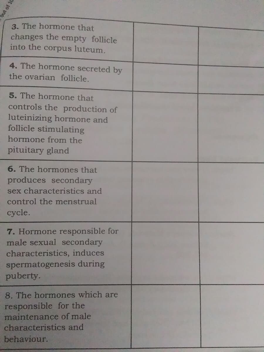 3. The hormone that
changes the empty follicle
into the corpus luteum.
4. The hormone secreted by
the ovarian follicle.
5. The hormone that
controls the production of
luteinizing hormone and
follicle stimulating
hormone from the
pituitary gland
6. The hormones that
produces secondary
sex characteristics and
control the menstrual
cycle.
7. Hormone responsible for
male sexual secondary
characteristics, induces
spermatogenesis during
puberty.
8. The hormones which are
responsible for the
maintenance of male
characteristics and
behaviour.
but of 10
