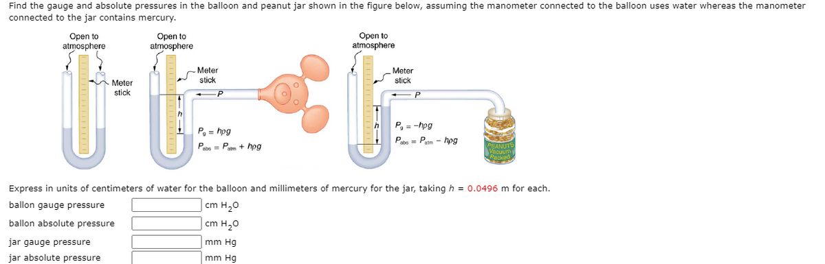 Find the gauge and absolute pressures in the balloon and peanut jar shown in the figure below, assuming the manometer connected to the balloon uses water whereas the manometer
connected to the jar contains mercury.
Open to
atmosphere
Open to
atmosphere
Open to
atmosphere
- Meter
stick
Meter
stick
Meter
stick
-P
P, = -hpg
P, = hpg
Pabs = Paim - hog
Pabs = Patm + hpg
Express in units of centimeters of water for the balloon and millimeters of mercury for the jar, taking h = 0.0496 m for each.
ballon gauge pressure
cm H20
ballon absolute pressure
cm H,0
jar gauge pressure
mm Hg
jar absolute pressure
mm Hg
