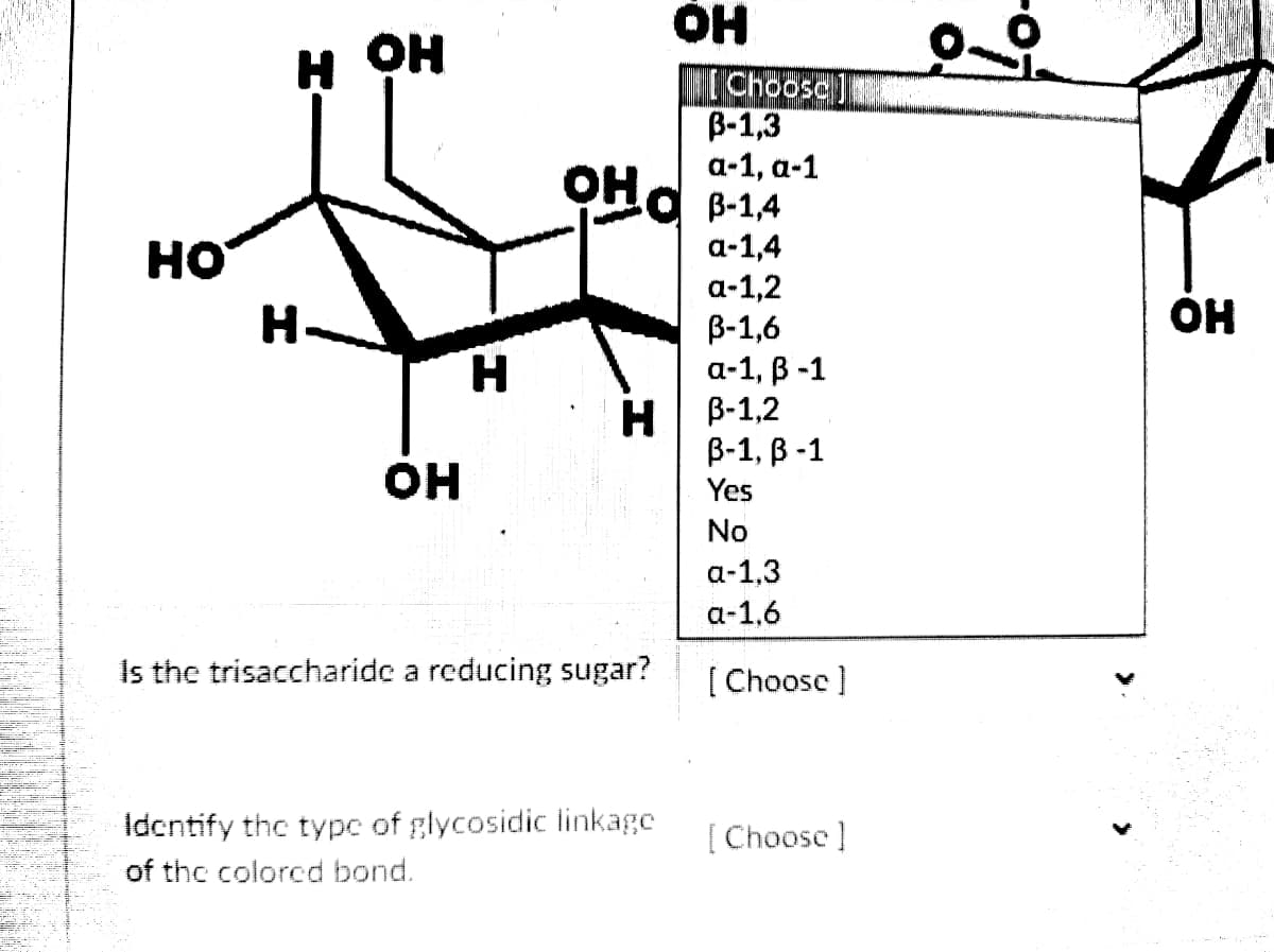 HO
H OH
H
он
H
H
оно -14
а-1,4
а-1,2
B-1,6
а-1, B-1
B-1,2
В-1, B-1
Yes
No
Is the trisaccharide a reducing sugar?
OH
Identify the type of glycosidic linkage
of the colored bond.
COMINGUMMAREIBURAYA
[ Choosc]
B-1,3
а-1, а-1
а-1,3
a-1.6
[Choose ]
[Choose ]
ОН