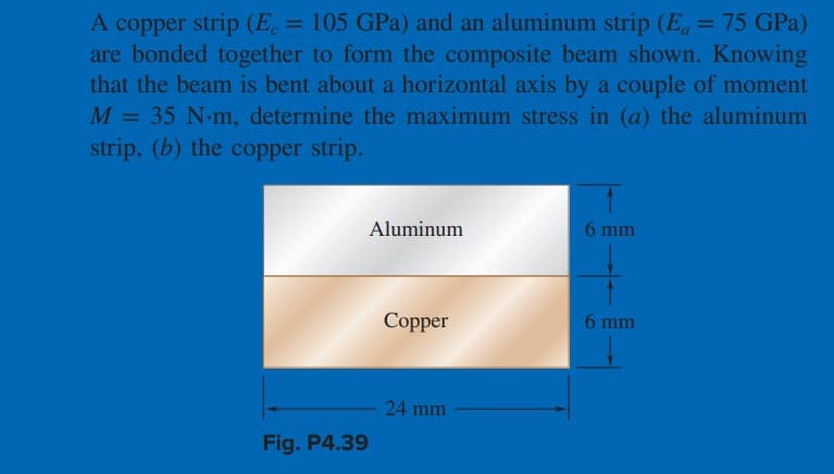 A copper strip (E = 105 GPa) and an aluminum strip (E = 75 GPa)
are bonded together to form the composite beam shown. Knowing
that the beam is bent about a horizontal axis by a couple of moment
M = 35 N.m, determine the maximum stress in (a) the aluminum
strip, (b) the copper strip.
Fig. P4.39
Aluminum
Copper
24 mm
6 mm
6 mm