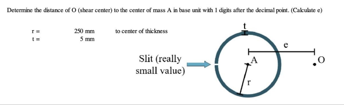 Determine the distance of O (shear center) to the center of mass A in base unit with 1 digits after the decimal point. (Calculate e)
r =
t =
250 mm
5 mm
to center of thickness
Slit (really
small value)