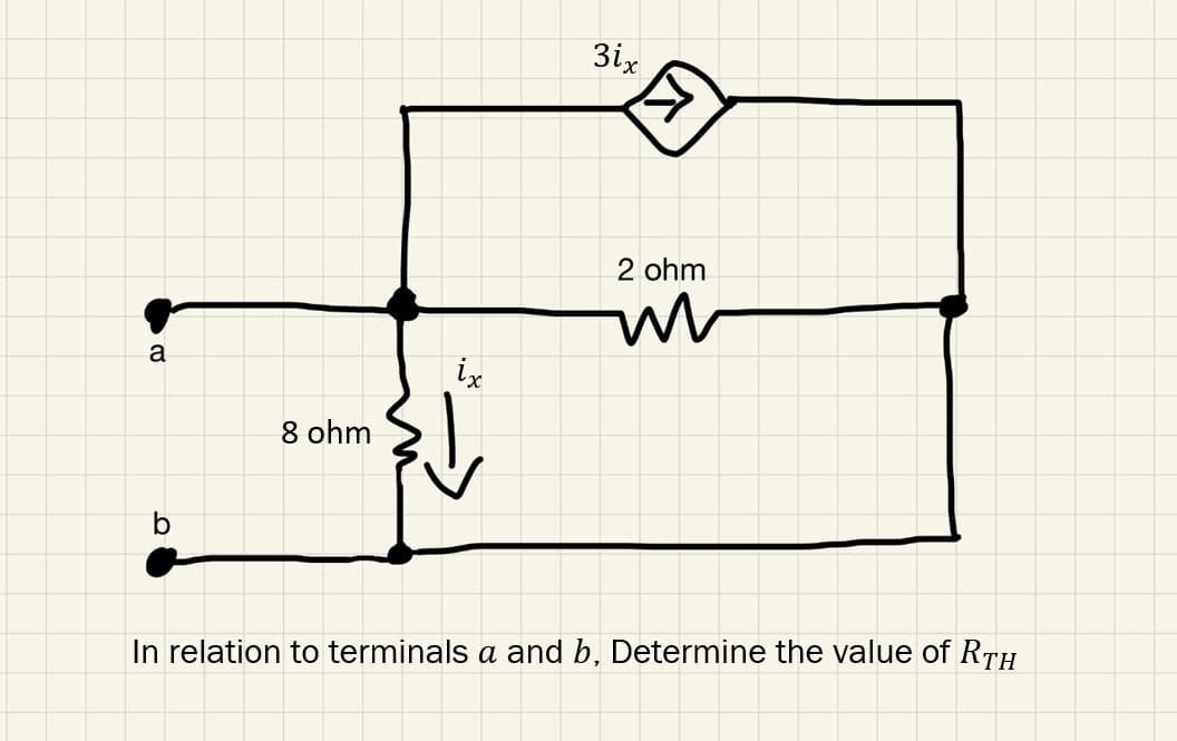 a
b
8 ohm
ix
3ix
2 ohm
m
In relation to terminals a and b, Determine the value of RTH