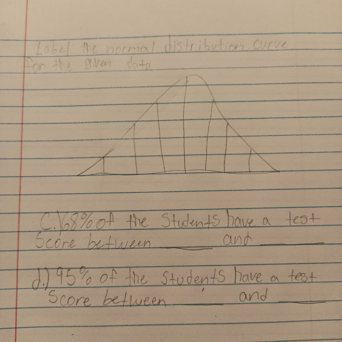 Label the normal distribution curve
for the given data
x
C. 68% of the Students have a test
Score between
and
d.) 95% of the Students have a test
Score between
and