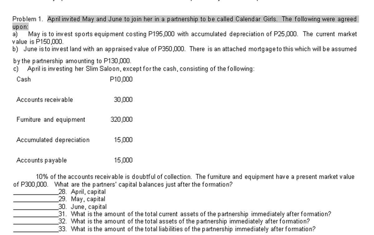 Problem 1. April invited May and June to join her in a partnership to be called Calendar Girls. The following were agreed
upon:
May is to invest sports equipment costing P195,000 with accumulated depreciation of P25,000. The current market
a)
value is P150,00.
b) June isto invest land with an appraised value of P350,000. There is an attached mortgageto this which will be assumed
by the partnership amounting to P130,000.
c) April is investing her Slim Saloon, except for the cash, consisting of the following:
Cash
P10,000
Accounts receivable
30,000
Furniture and equipment
320,000
Accumulated depreciation
15,000
Accounts payable
15,000
10% of the accounts receivable is doubtful of collection. The furniture and equipment have a present market value
of P300,000. What are the partners' capital balances just after the formation?
28. April, capital
29. Мay, capital
30. June, capital
31. What is the amount of the total current assets of the partnership immediately after formation?
32. What is the amount of the total assets of the partnership immediately after formation?
33. What is the amount of the total liabilities of the partnership immediately after formation?
