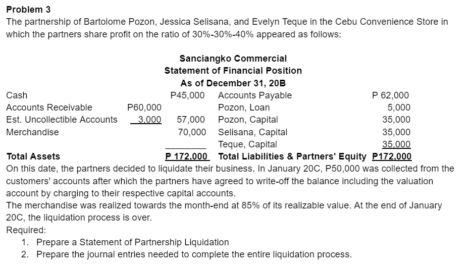 Problem 3
The partnership of Bartolome Pozon, Jessica Selisana, and Evelyn Teque in the Cebu Convenience Store in
which the partners share profit on the ratio of 30%-30%-40% appeared as follows:
Sanciangko Commercial
Statement of Financial Position
As of December 31, 20B
P45,000
Cash
Accounts Payable
P 62,000
Pozon, Loan
Pozon, Capital
Selisana, Capital
Accounts Receivable
P60,000
5,000
35,000
Est. Uncollectible Accounts
3.000
57,000
70,000
Merchandise
35,000
Teque, Capital
35.000
Total Assets
P 172.000 Total Liabilities & Partners' Equity P172.000
On this date, the partners decided to liquidate their business. In January 20C, P50,000 was collected from the
customers' accounts after which the partners have agreed to write-off the balance including the valuation
account by charging to their respective capital accounts.
The merchandise was realized towards the month-end at 85% of its realizable value. At the end of January
20C, the liquidation process is over.
Required:
1. Prepare a Statement of Partnership Liquidation
2. Prepare the journal entries needed to complete the entire liquidation process.
