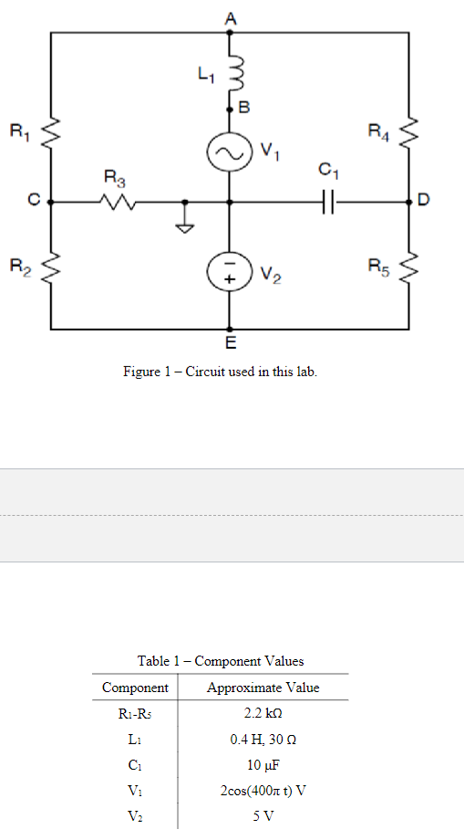 R₁
с
R₂
R3
4₁
A
Component
RI-Rs
Li
C₁
V₁
V₂
1 +
B
V₁
V₂
E
Figure 1- Circuit used in this lab.
Table 1 - Component Values
C₁
41-
Approximate Value
2.2 ΚΩ
0.4 Η. 30 Ω
10 μF
2cos(400 t) V
5 V
RA
R5
D