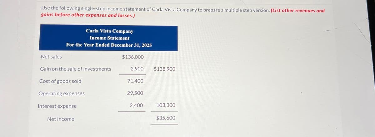 Use the following single-step income statement of Carla Vista Company to prepare a multiple step version. (List other revenues and
gains before other expenses and losses.)
Carla Vista Company
Income Statement
For the Year Ended December 31, 2025
Net sales
$136,000
Gain on the sale of investments
2,900
$138,900
Cost of goods sold
71,400
Operating expenses
29,500
Interest expense
Net income
2,400
103,300
$35,600