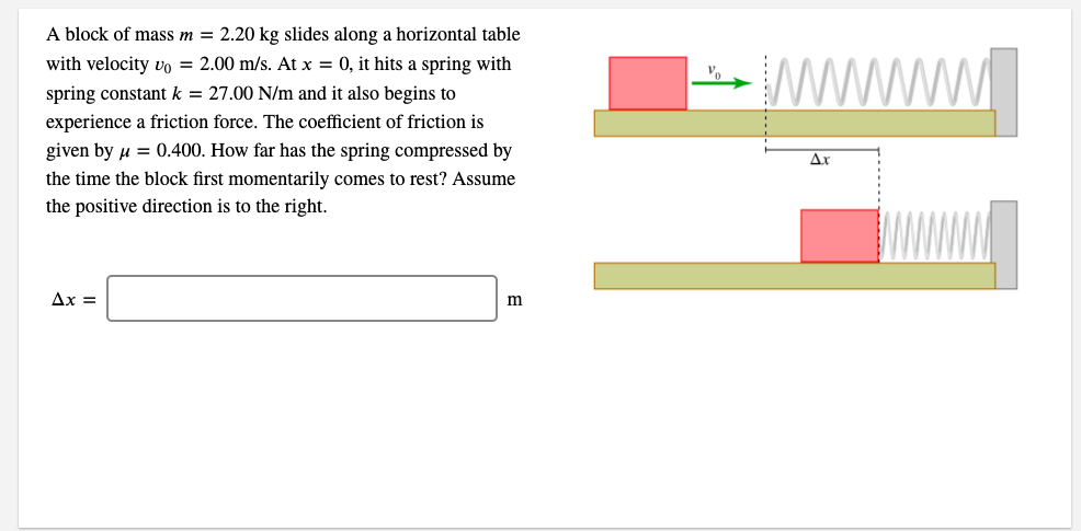 A block of mass m = 2.20 kg slides along a horizontal table
with velocity vo = 2.00 m/s. At x = 0, it hits a spring with
www
spring constant k = 27.00 N/m and it also begins to
experience a friction force. The coefficient of friction is
given by u = 0.400. How far has the spring compressed by
Ax
the time the block first momentarily comes to rest? Assume
the positive direction is to the right.
Ax =
m
