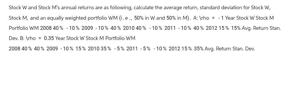 Stock W and Stock M's annual returns are as following, calculate the average return, standard deviation for Stock W,
Stock M, and an equally weighted portfolio WM (i.e., 50% in W and 50% in M). A: \rho = -1 Year Stock W Stock M
Portfolio WM 2008 40 % -10% 2009 -10% 40% 2010 40 % -10% 2011 -10% 40% 2012 15% 15% Avg. Return Stan.
Dev. B: \rho = 0.35 Year Stock W Stock M Portfolio WM
2008 40% 40% 2009 -10% 15% 2010 35% -5% 2011 -5% -10% 2012 15% 35% Avg. Return Stan. Dev.