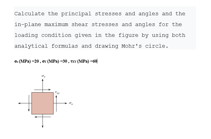 Calculate the principal stresses and angles and the
in-plane maximum shear stresses and angles for the
loading condition given in the figure by using both
analytical formulas and drawing Mohr's circle.
G (MPa) -20, GY (MPa) —30, тхY (MРа) -60
