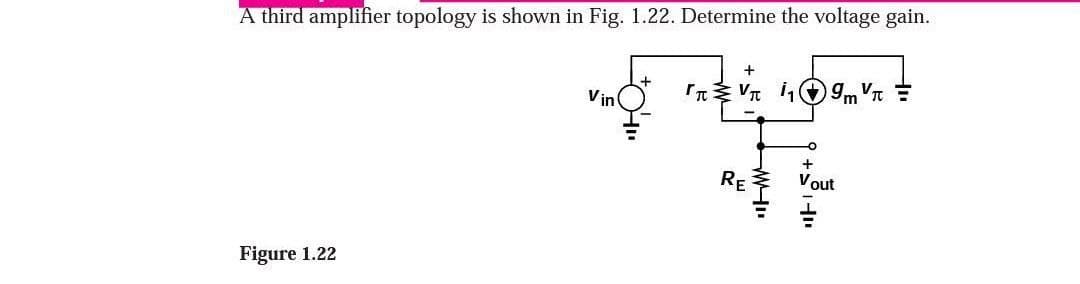 A third amplifier topology is shown in Fig. 1.22. Determine the voltage gain.
Figure 1.22
Vin
+
FREE 1094 =
RE
Vout