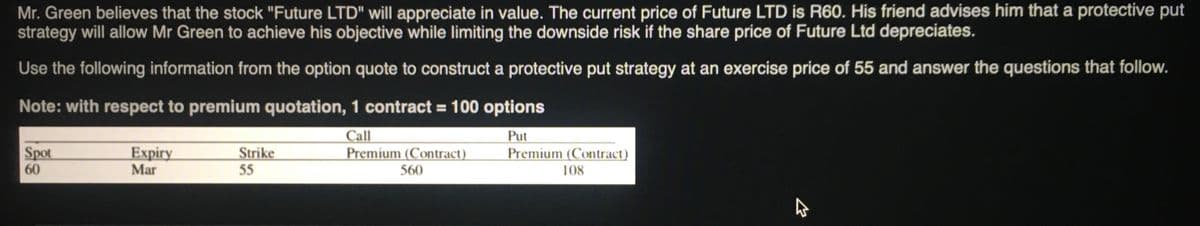 Mr. Green believes that the stock "Future LTD" will appreciate in value. The current price of Future LTD is R60. His friend advises him that a protective put
strategy will allow Mr Green to achieve his objective while limiting the downside risk if the share price of Future Ltd depreciates.
Use the following information from the option quote to construct a protective put strategy at an exercise price of 55 and answer the questions that follow.
Note: with respect to premium quotation, 1 contract = 100 options
Put
Call
Premium (Contract)
560
Premium (Contract)
Spot
60
Expiry
Mar
Strike
55
108
K