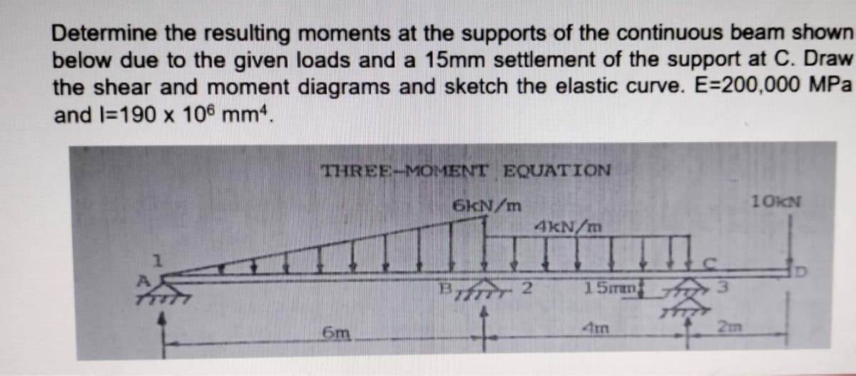 Determine the resulting moments at the supports of the continuous beam shown
below due to the given loads and a 15mm settlement of the support at C. Draw
the shear and moment diagrams and sketch the elastic curve. E=200,000 MPa
and I=190 x 106 mm4.
THREE-MOMENT EQUATION
6KN/m
10KN
4kN/m
Bfir 2
15mm 3
6m
4m
2m
