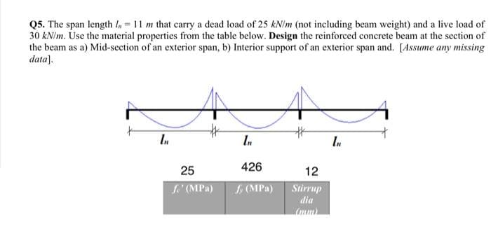 Q5. The span length l, = 11 m that carry a dead load of 25 kN/m (not including beam weight) and a live load of
30 kN/m. Úse the material properties from the table below. Design the reinforced concrete beam at the section of
the beam as a) Mid-section of an exterior span, b) Interior support of an exterior span and. [Assume any missing
data].
In
In
25
426
12
f. (MPa)
f, (MPa)
Stirrup
dia
