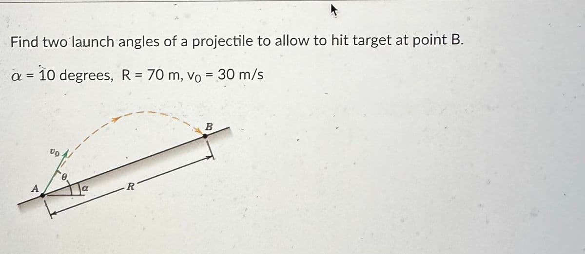 Find two launch angles of a projectile to allow to hit target at point B.
a = 10 degrees, R = 70 m, vo = 30 m/s
A
6.
a
R
B