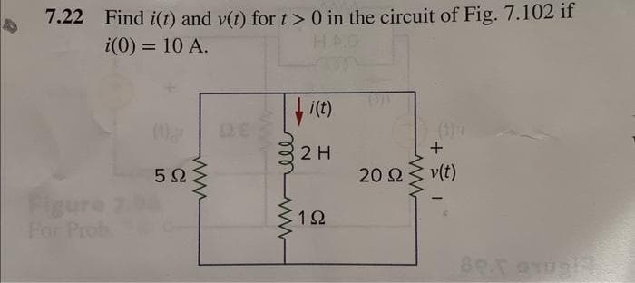 7.22 Find i(t) and v(t) for t> 0 in the circuit of Fig. 7.102 if
i(0) = 10 A.
HAO
5Ω
www
DES
i(t)
2 H
1Ω
20 Ω
ww
+= 1
v(t)
89. GUST