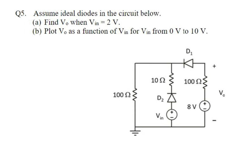 Q5. Assume ideal diodes in the circuit below.
(a) Find Vo when Vin = 2 V.
(b) Plot Vo as a function of Vin for Vin from 0 V to 10 V.
D1
10 Ω
100 ΩΣ
100 Ω
D₂
8V②
Vin
-
Vo