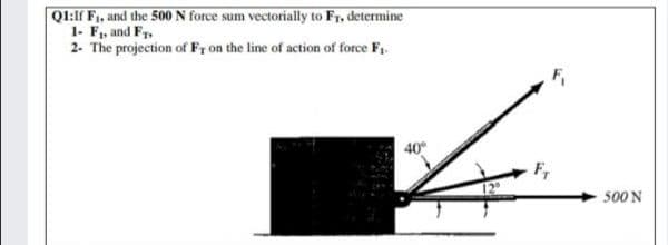 Ql:ff F, and the 500 N force sum vectorially to Fr, determine
2- The projection of Fr on the line of action of force F1.
500 N
