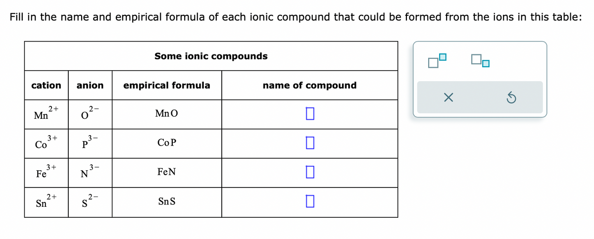 Fill in the name and empirical formula of each ionic compound that could be formed from the ions in this table:
cation anion
Mn
Co
2+
3+
3+
Fe
2+
Sn
2-
O
3-
P
3-
N³-
2-
S²
Some ionic compounds
empirical formula
MnO
COP
FeN
Sn S
name of compound
0
X
Ś