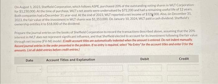 On August 1, 2023, Sheffield Corporation, which follows ASPE, purchased 20% of the outstanding voting shares in WLT Corporation
for $1,230,000. At the time of purchase, WLT's net assets were undervalued by $72,200 and had a remaining useful life of 12 years.
Both companies had a December 31 year-end. At the end of 2023, WLT reported a net income of $32000. Also, on December 31,
2023, the fair value of the investment in WLT shares was $1,353,000. On January 10, 2024, WLT paid a cash dividend. Sheffield's
ownership entitles it to $18,000 of the dividend.
Prepare the journal entries on the books of Sheffield Corporation to record the transactions described above, assuming that the 20%
interest in WLT does not represent significant influence, and that Sheffield elected to account for its investment following the fair value
through net income (FV-NI) model. (Credit account titles are automatically indented when the amount is entered. Do not indent manually.
Record journal entries in the order presented in the problem. If no entry is required, select "No Entry" for the account titles and enter o for the
amounts. List all debit entries before credit entries.)
Account Titles and Explanation
Date
Debit
Credit