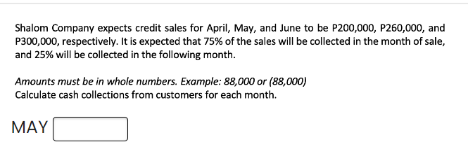Shalom Company expects credit sales for April, May, and June to be P200,000, P260,000, and
P300,000, respectively. It is expected that 75% of the sales will be collected in the month of sale,
and 25% will be collected in the following month.
Amounts must be in whole numbers. Example: 88,000 or (88,000)
Calculate cash collections from customers for each month.
MAY