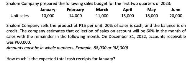 Shalom Company prepared the following sales budget for the first two quarters of 2023:
January
February
March
April
10,000
14,000
11,000
15,000
May
18,000
June
20,000
Unit sales
Shalom Company sells the product at P15 per unit. 20% of sales is cash, and the balance is on
credit. The company estimates that collection of sales on account will be 60% in the month of
sales with the remainder in the following month. On December 31, 2022, accounts receivable
was P60,000.
Amounts must be in whole numbers. Example: 88,000 or (88,000)
How much is the expected total cash receipts for January?