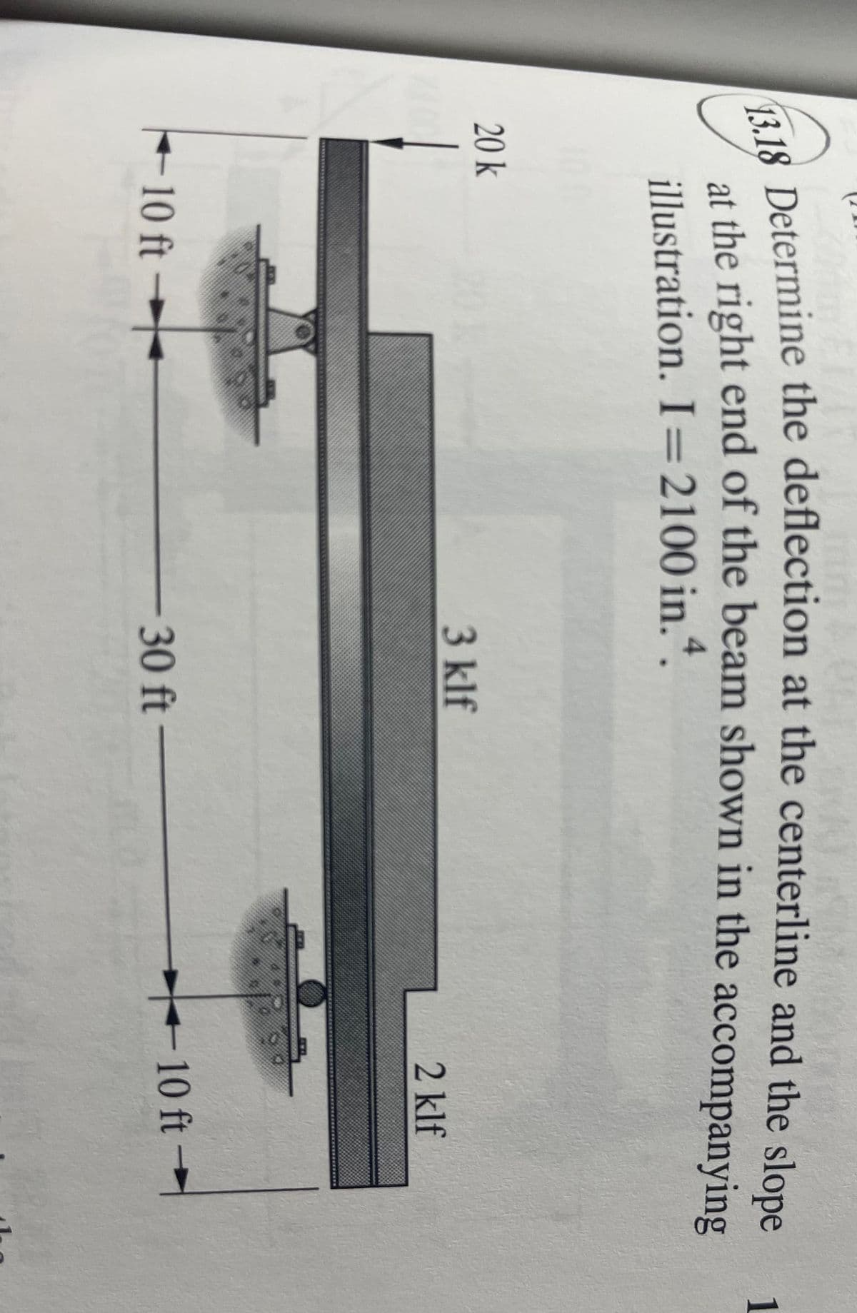 13.18 Determine the deflection at the centerline and the slope
at the right end of the beam shown in the accompanying
illustration. I = 2100 in.4.
20 k
<-10 ft
3 klf
-30 ft-
2 klf
-10 ft-
1