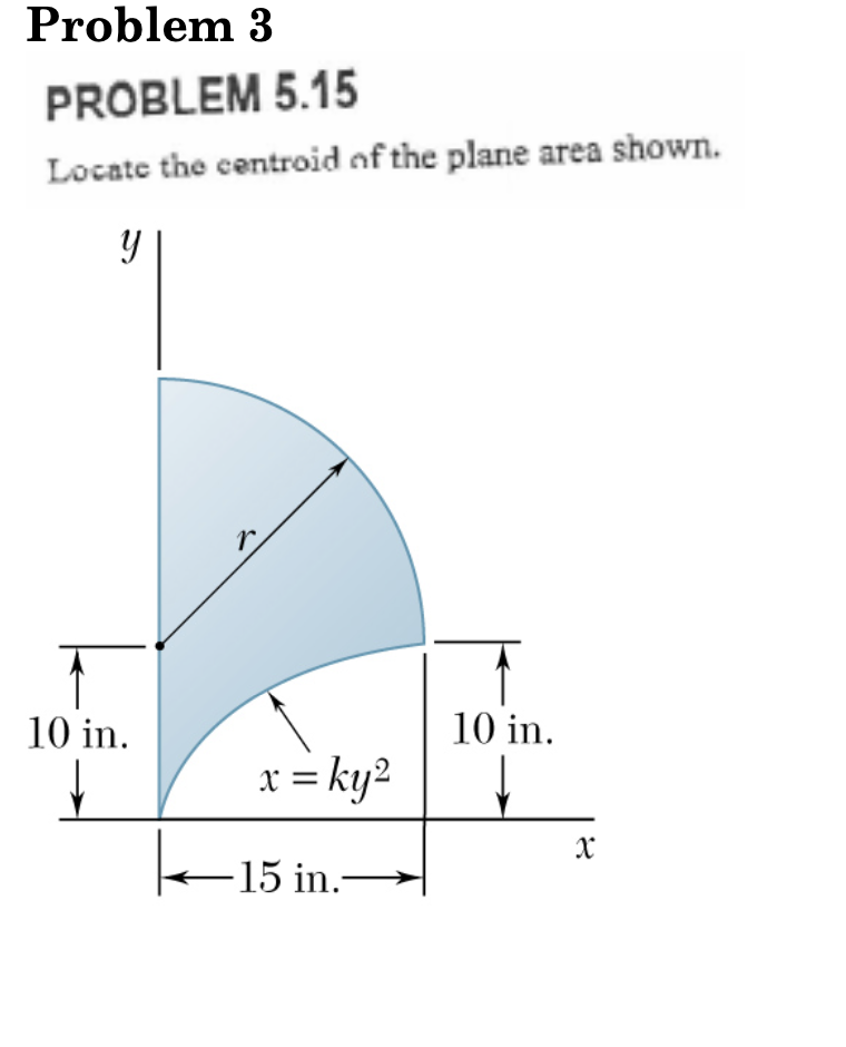 Problem 3
PROBLEM 5.15
Locate the centroid of the plane area shown.
y
↑
10 in.
r
x = ky²
-15 in.-
15:
10 in.
8