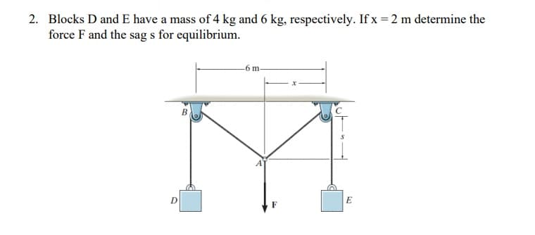 2. Blocks D and E have a mass of 4 kg and 6 kg, respectively. If x = 2 m determine the
force F and the sag s for equilibrium.
-6 m-
B
