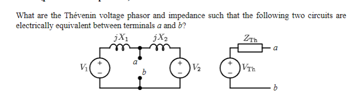 What are the Thévenin voltage phasor and impedance such that the following two circuits are
electrically equivalent between terminals a and b?
jX1
jX2
ZTh
V2
VTh
