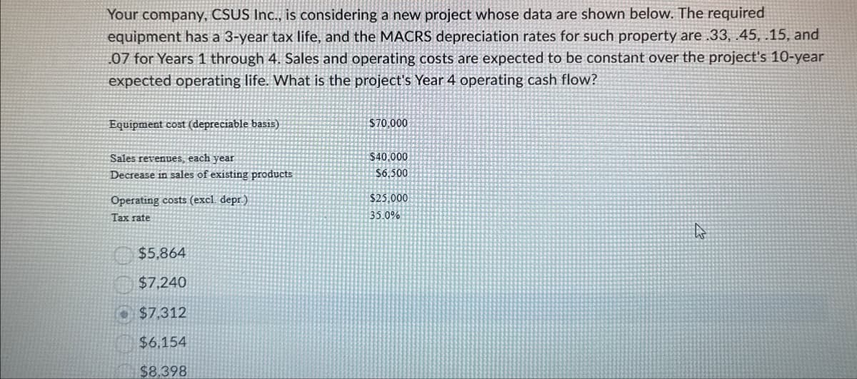Your company, CSUS Inc., is considering a new project whose data are shown below. The required.
equipment has a 3-year tax life, and the MACRS depreciation rates for such property are .33, .45, .15, and
.07 for Years 1 through 4. Sales and operating costs are expected to be constant over the project's 10-year
expected operating life. What is the project's Year 4 operating cash flow?
Equipment cost (depreciable basis)
$70,000
Sales revenues, each year
$40,000
Decrease in sales of existing products
$6,500
Operating costs (excl. depr.)
$25,000
Tax rate
35.0%
$5,864
$7,240
$7,312
$6.154
$8,398