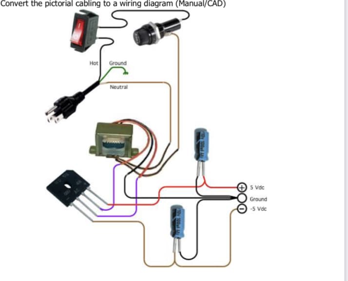 Convert the pictorial cabling to a wiring diagram (Manual/CAD)
Hot Ground
Neutral
10v 100uf
5 Vdc
Ground
-5 Vdc
