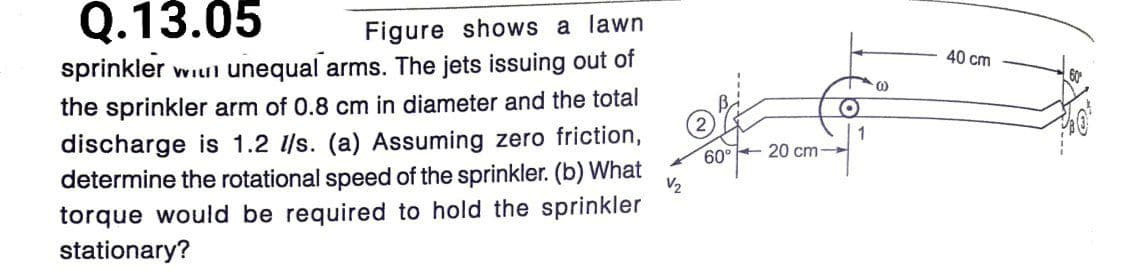 Q.13.05
Figure shows a lawn
40 cm
sprinkler wiul unequal arms. The jets issuing out of
the sprinkler arm of 0.8 cm in diameter and the total
discharge is 1.2 l/s. (a) Assuming zero friction,
determine the rotational speed of the sprinkler. (b) What
torque would be required to hold the sprinkler
stationary?
60°
20 cm
V2

