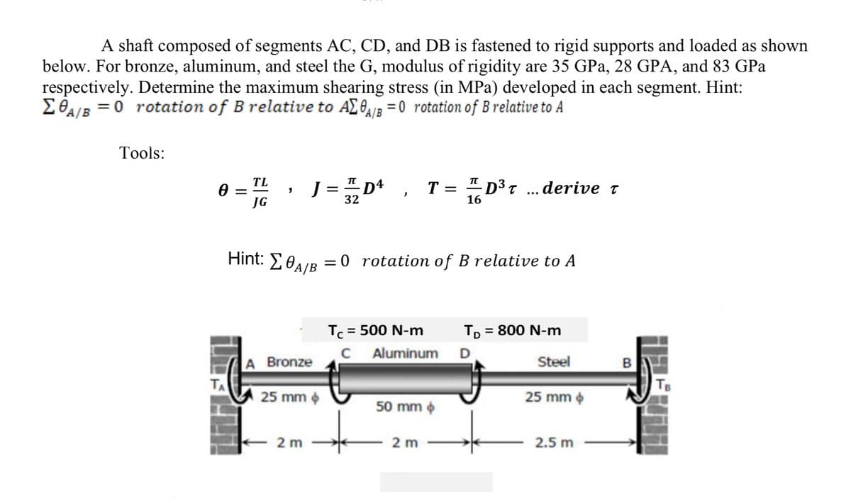 A shaft composed of segments AC, CD, and DB is fastened to rigid supports and loaded as shown
below. For bronze, aluminum, and steel the G, modulus of rigidity are 35 GPa, 28 GPA, and 83 GPa
respectively. Determine the maximum shearing stress (in MPa) developed in each segment. Hint:
= 0 rotation of B relative to A£ 0A13 = 0 rotation of B relative to A
Tools:
TL
J = "D4
D³ t ... derive t
16
T =
JG
32
Hint: E0AIR = 0 rotation of B relative to A
Tc = 500 N-m
Aluminum D
Tp = 800 N-m
C
A Bronze
Steel
TA
TB
25 mm
25 mm o
50 mm o
2 m
2 m
2.5 m
