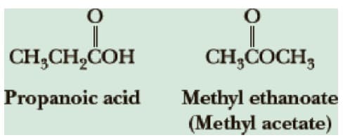 CH;CH,ČOH
CH;ČOCH3
Methyl ethanoate
(Methyl acetate)
Propanoic acid
